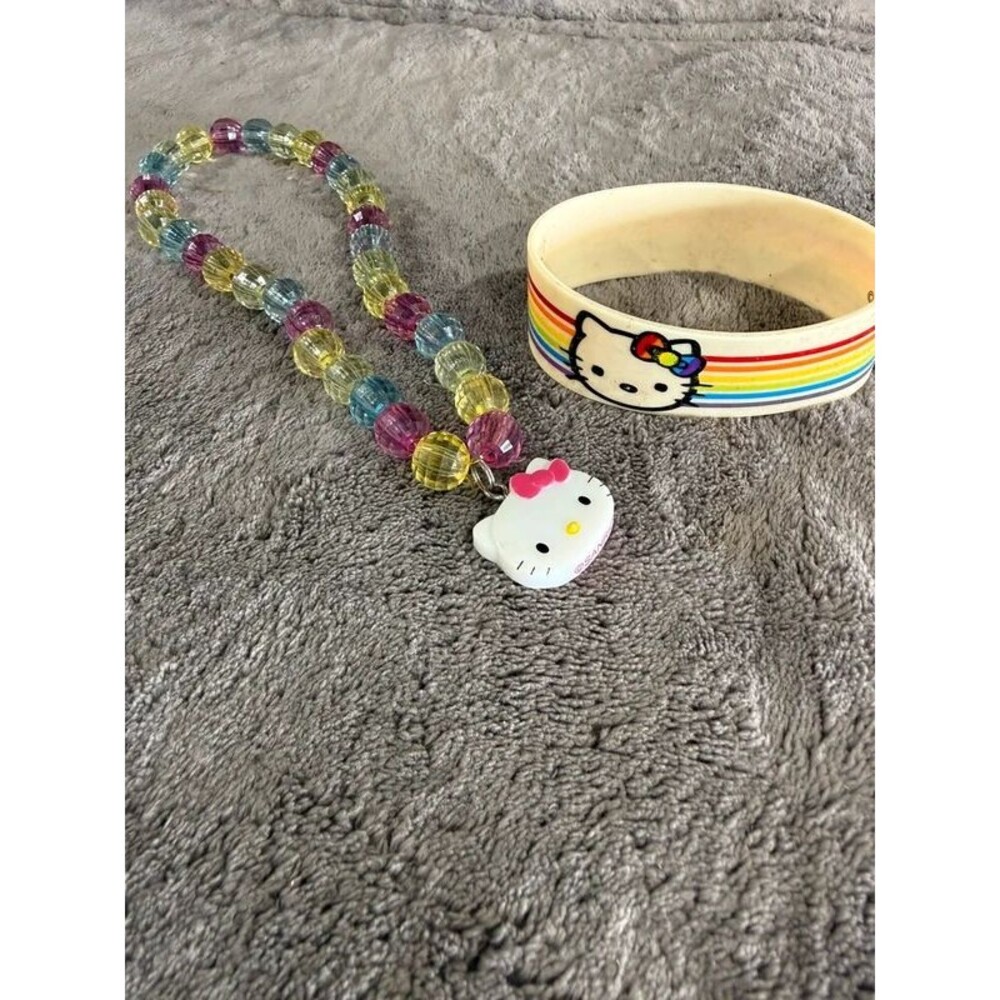 Hello Kitty Beaded Necklace & Rainbow Silicone Bracelet Lot